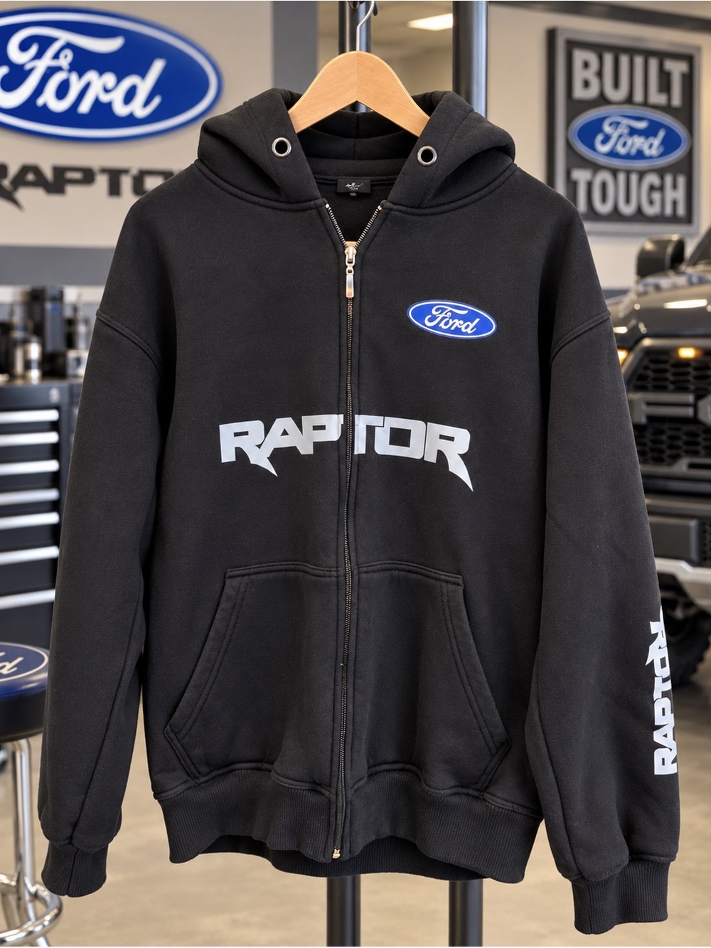 Ford Raptor Black Full Zip Hoodie Men’s Large Logo Graphic Sleeve